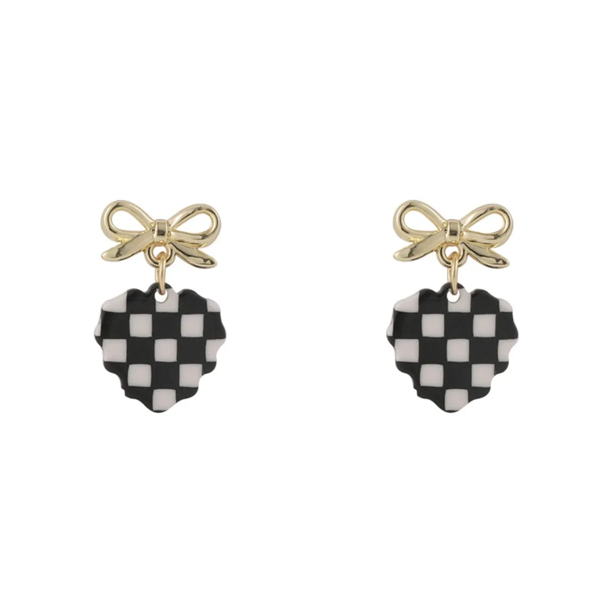 Black & White Acrylic Checkerboard Bow Heart Drop Earrings
