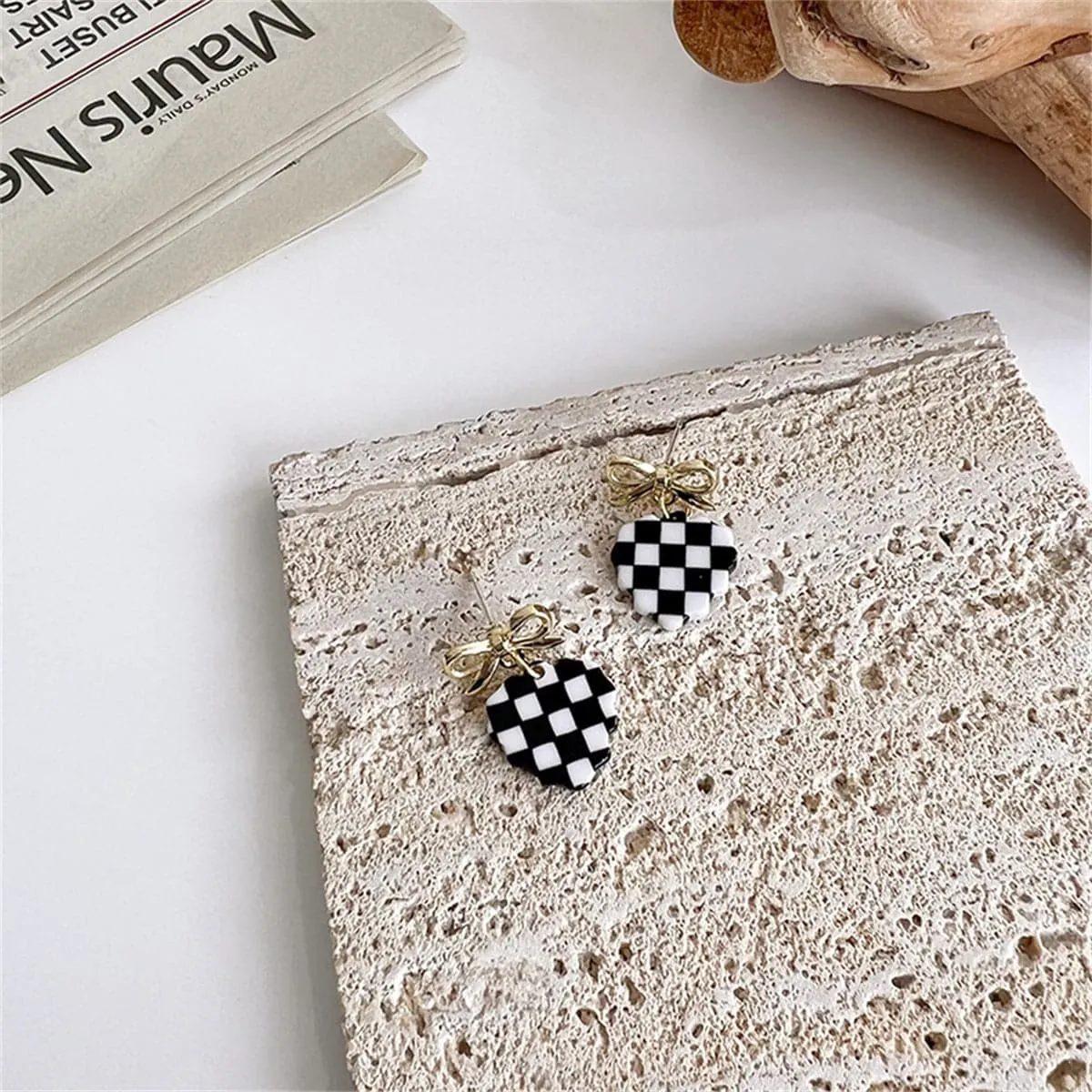 Black & White Acrylic Checkerboard Bow Heart Drop Earrings