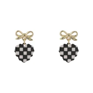 Black & White Acrylic Checkerboard Bow Heart Drop Earrings