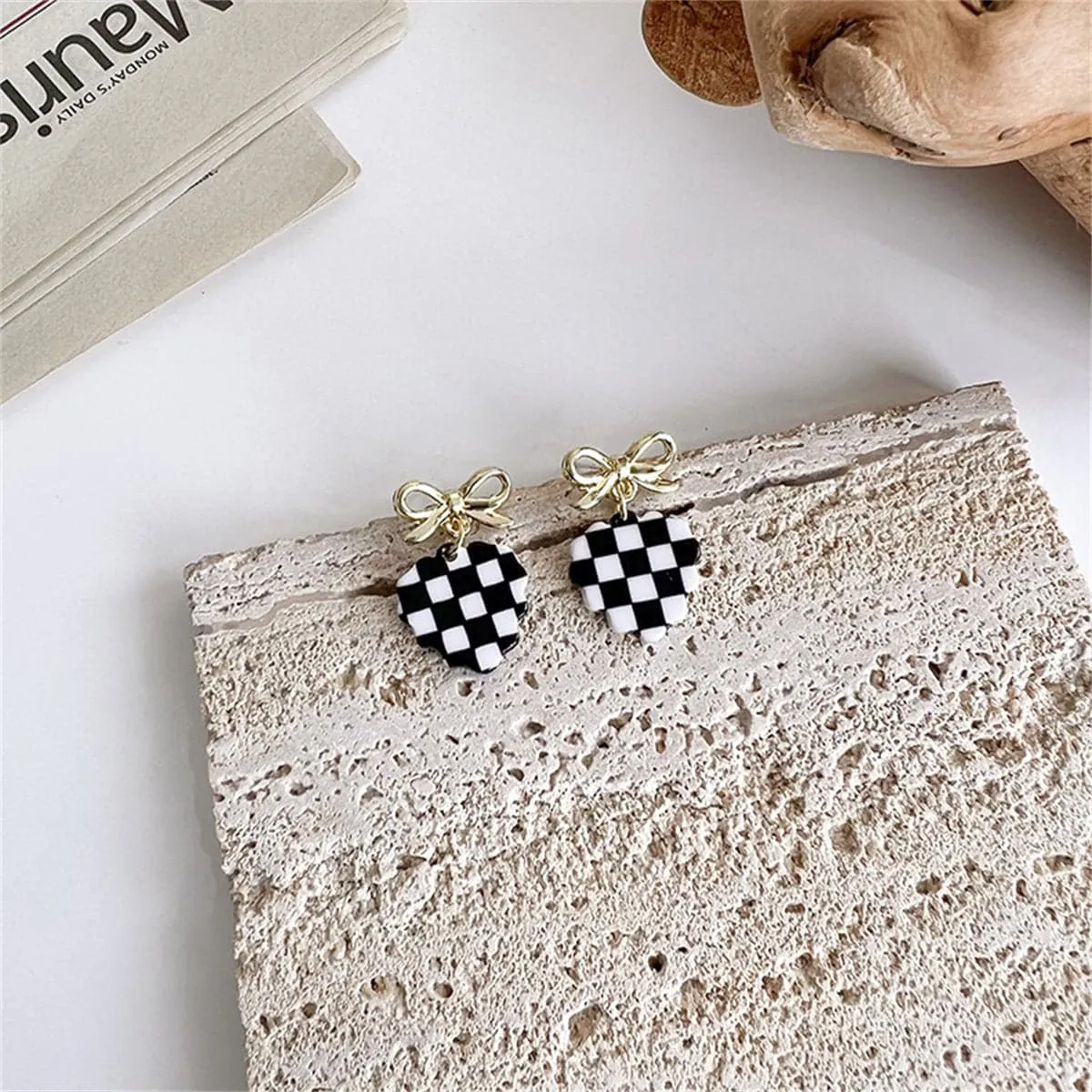 Black & White Acrylic Checkerboard Bow Heart Drop Earrings