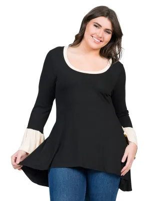 Black and Beige Bell Sleeve Hi Low Plus Size Tunic Top