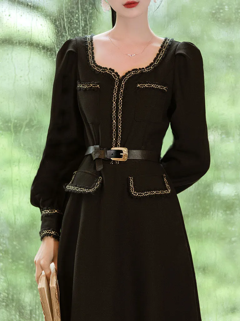 Black Ballet Square Collar 1950S Vintage Little Black Dress