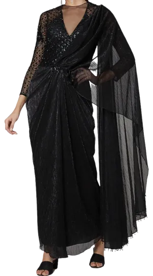 Black Beaded and Embellished Pre-Draped Sari Gown