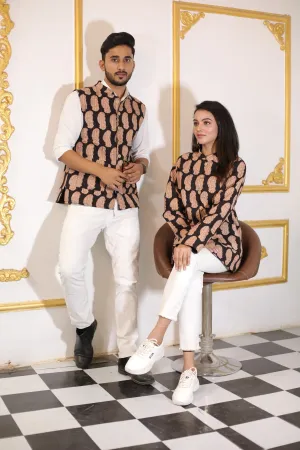 Black Color Twinning Couple Pure Cotton Bagru Print Quilted Reversible Jackets