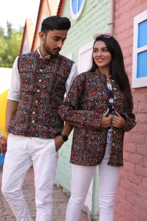 Black Color Twinning Couple Pure Cotton Bagru Print Quilted Reversible Jackets
