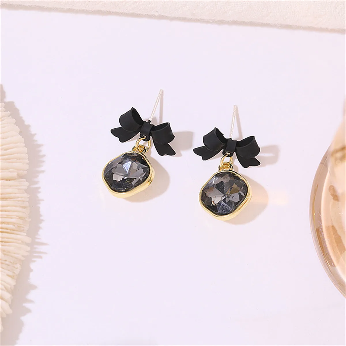 Black Crystal & 18K Gold-Plated Bow Diamond Drop Earrings