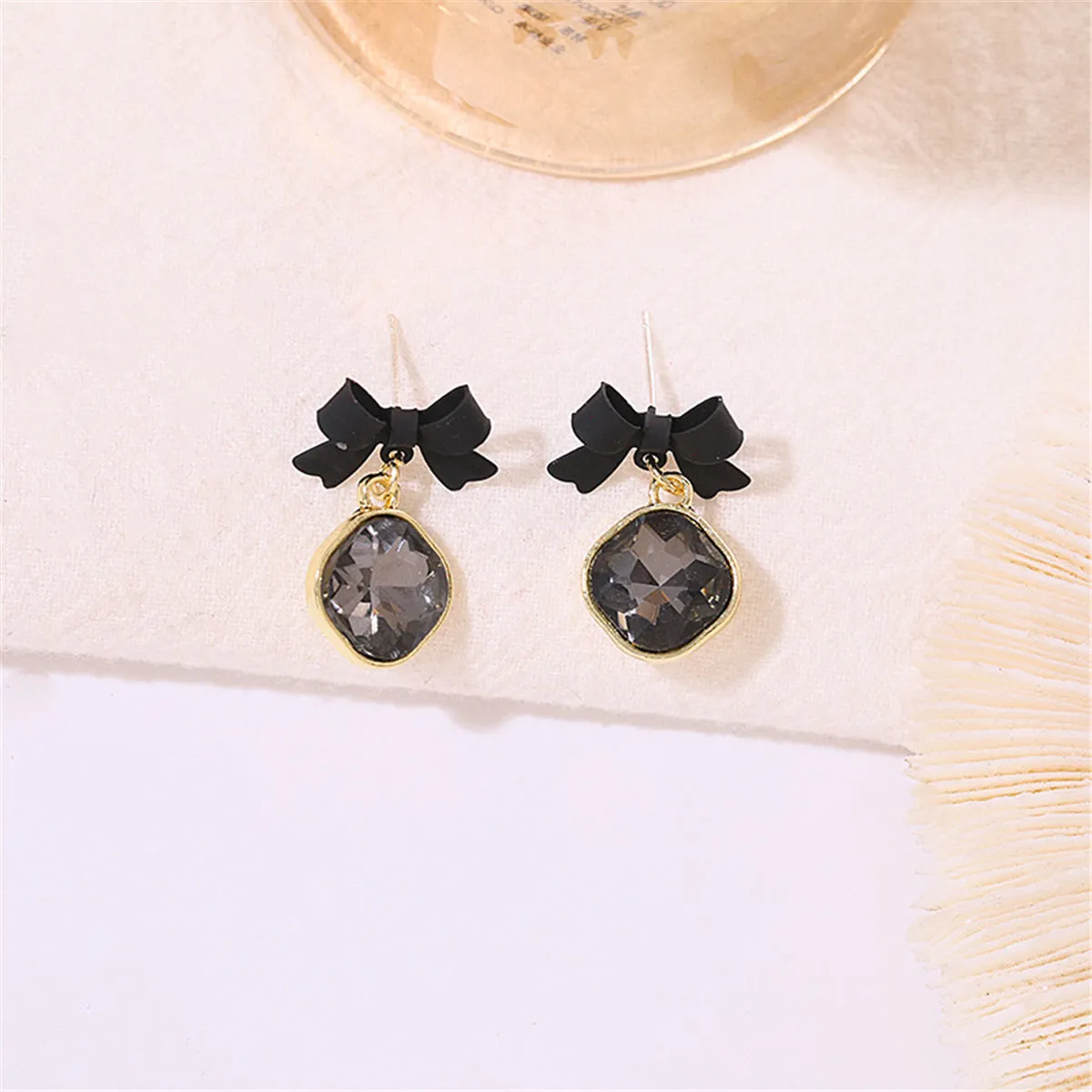 Black Crystal & 18K Gold-Plated Bow Diamond Drop Earrings