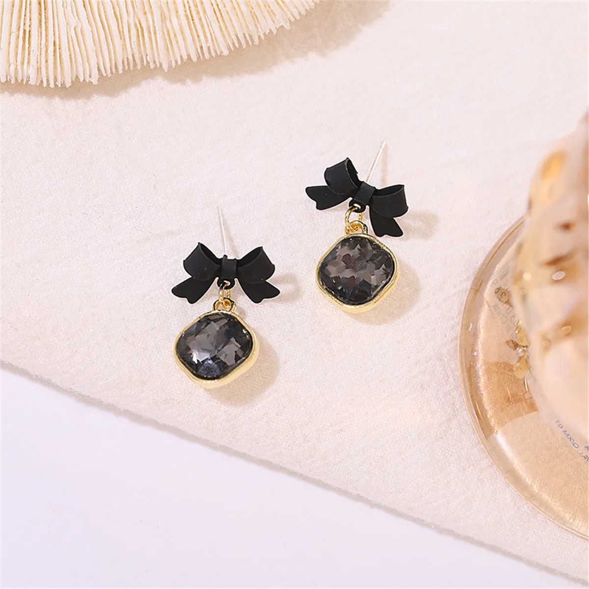 Black Crystal & 18K Gold-Plated Bow Diamond Drop Earrings