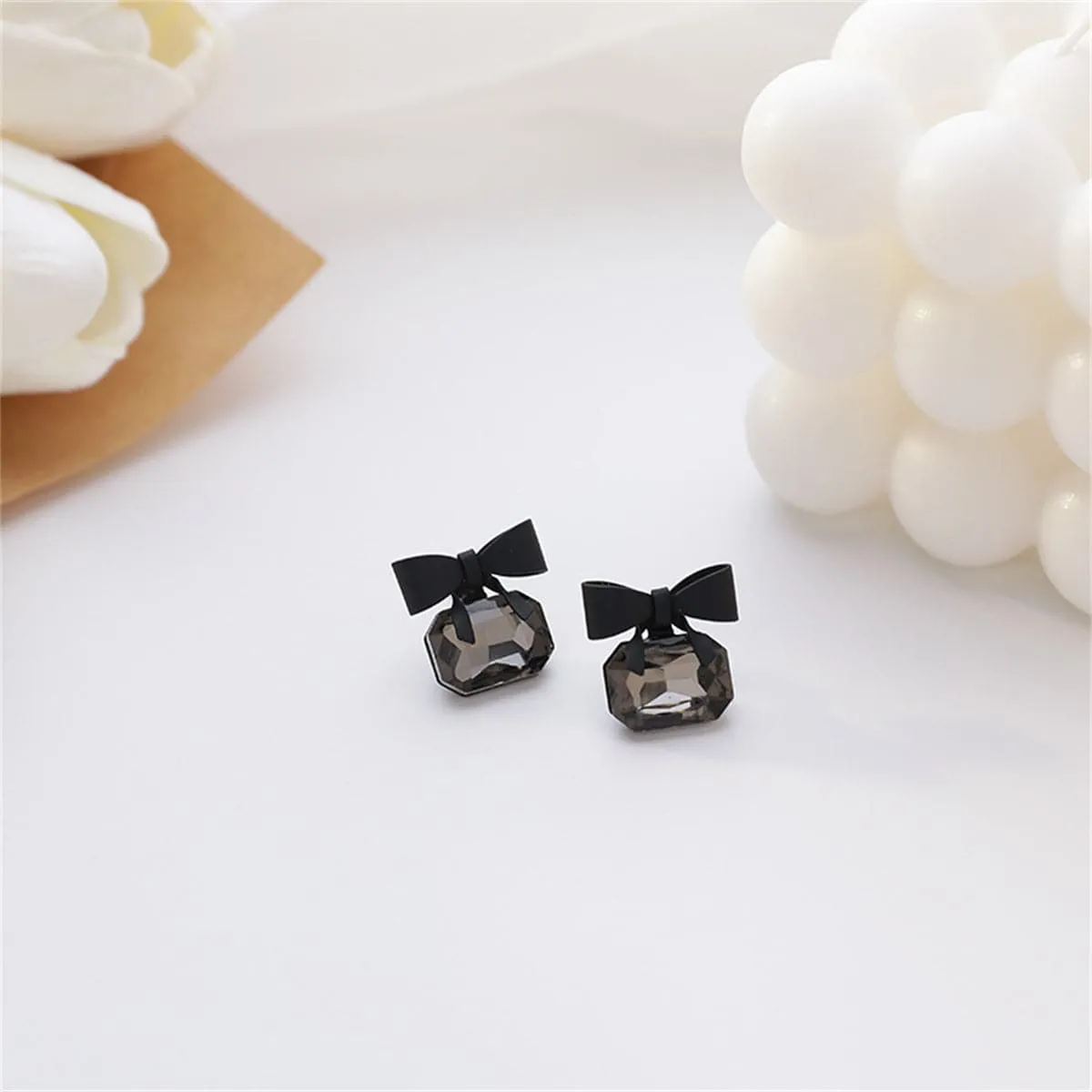 Black Crystal Bow Stud Earrings