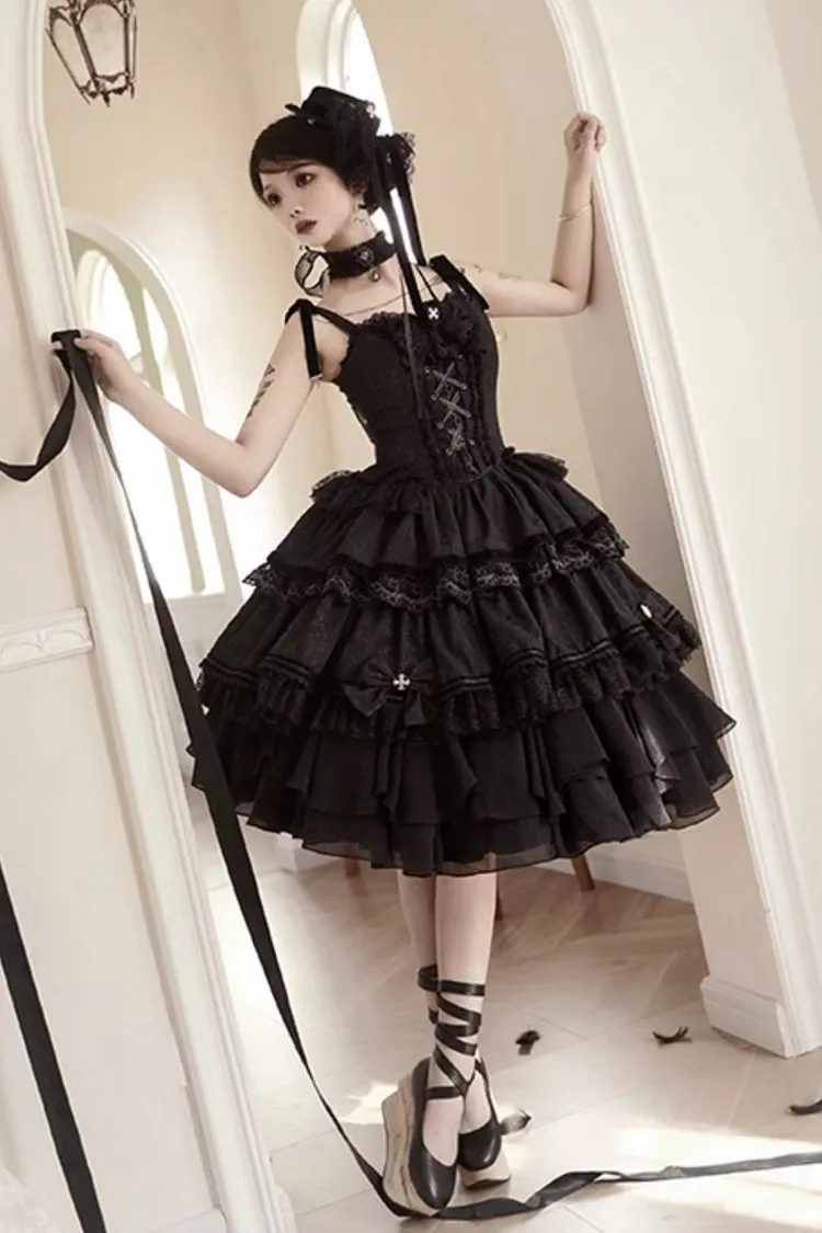 Black Double-Layered Ruffle Lace Gothic Ballet Lolita Jsk Dress