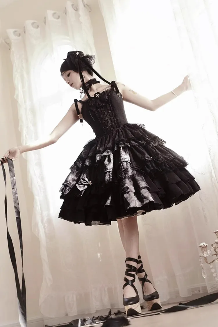Black Double-Layered Ruffle Lace Gothic Ballet Lolita Jsk Dress