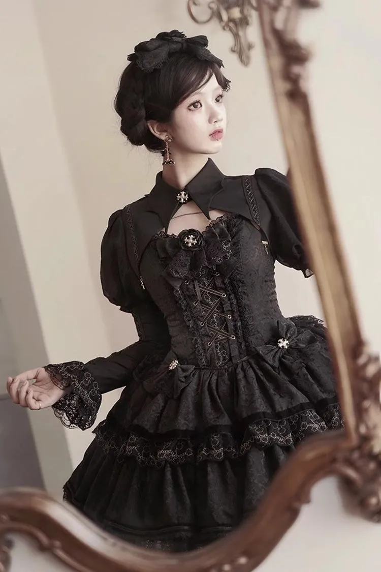 Black Double-Layered Ruffle Lace Gothic Ballet Lolita Jsk Dress
