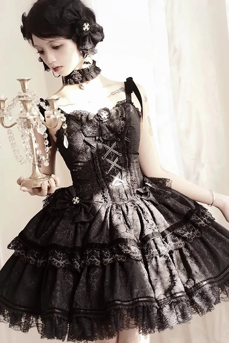 Black Double-Layered Ruffle Lace Gothic Ballet Lolita Jsk Dress