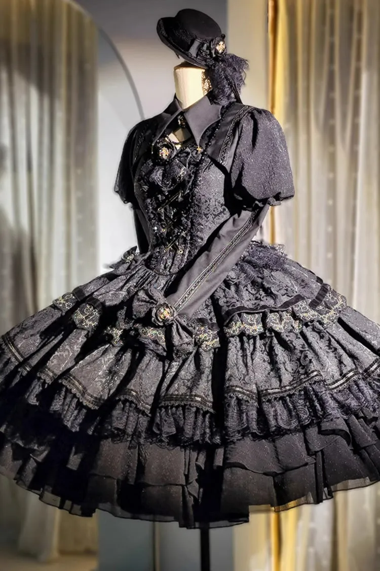 Black Double-Layered Ruffle Lace Gothic Ballet Lolita Jsk Dress