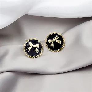 Black Enamel & 18K Gold-Plated Bow Round Stud Earring