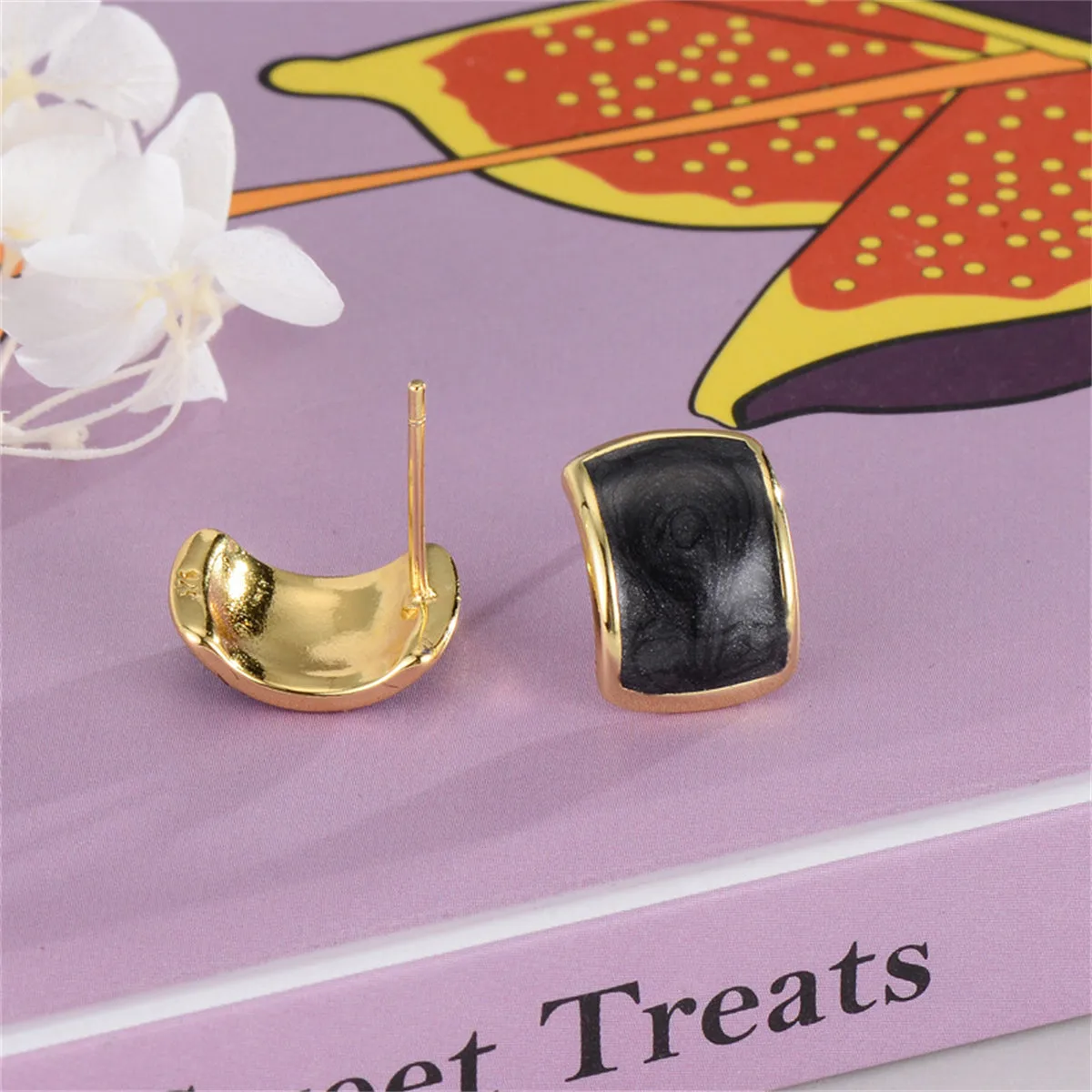 Black Enamel & 18K Gold-Plated Curved Face Rectangle Stud Earrings