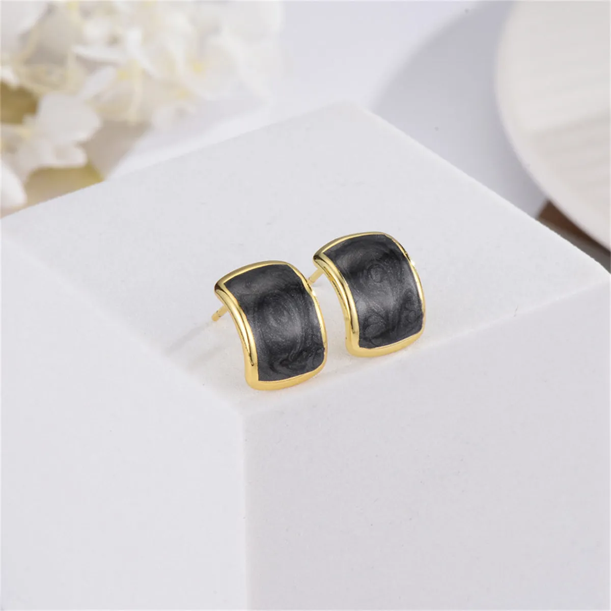 Black Enamel & 18K Gold-Plated Curved Face Rectangle Stud Earrings