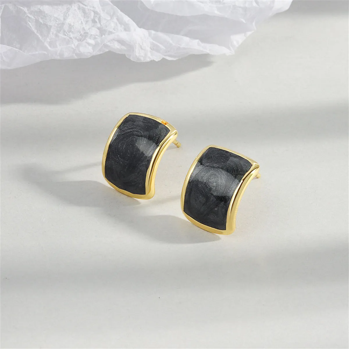 Black Enamel & 18K Gold-Plated Curved Face Rectangle Stud Earrings