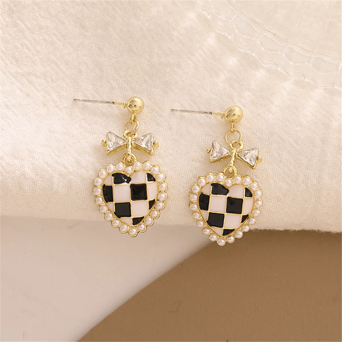Black Enamel & Pearl 18K Gold-Plated Crystal-Accent Bow Heart Drop Earrings