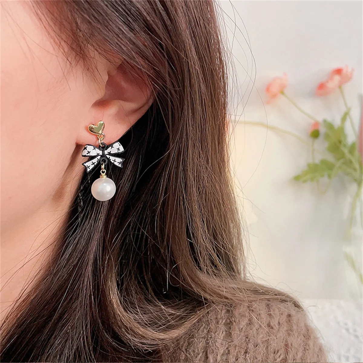 Black Enamel & Pearl 18K Gold-Plated Heart Bow Drop Earrings