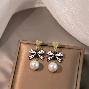 Black Enamel & Pearl 18K Gold-Plated Heart Bow Drop Earrings