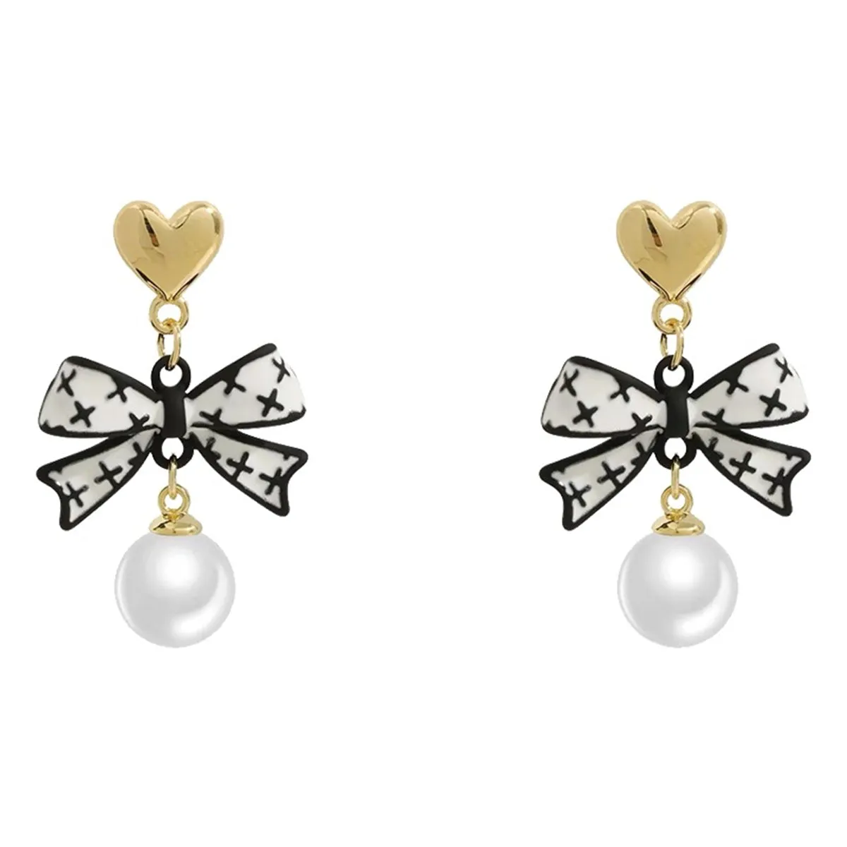 Black Enamel & Pearl 18K Gold-Plated Heart Bow Drop Earrings