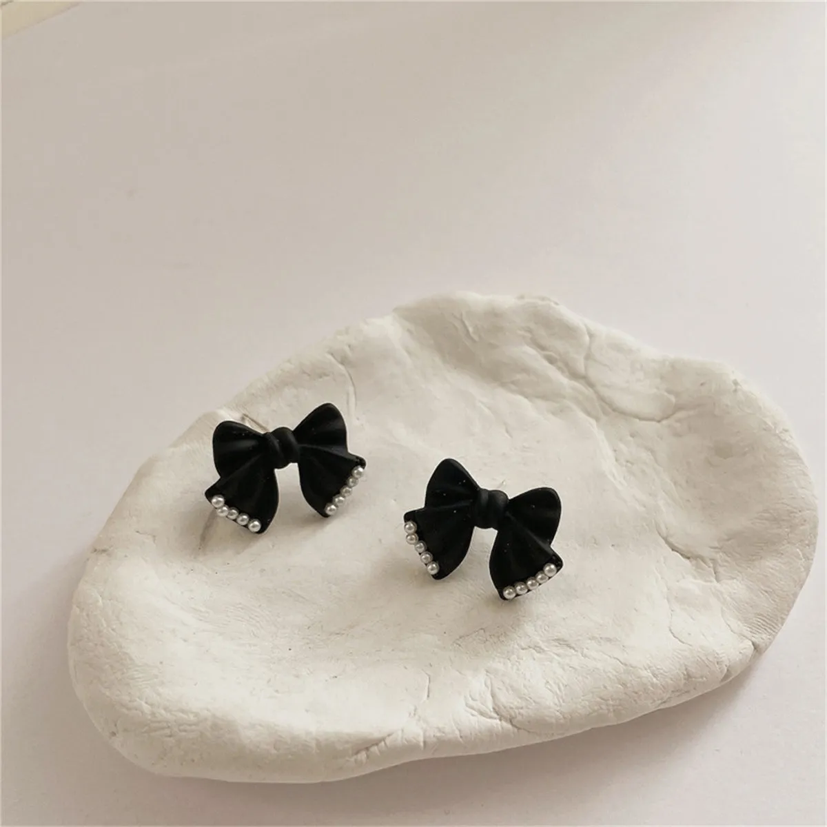 Black Enamel & Pearl Bow Stud Earrings