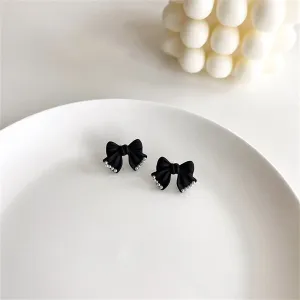 Black Enamel & Pearl Bow Stud Earrings