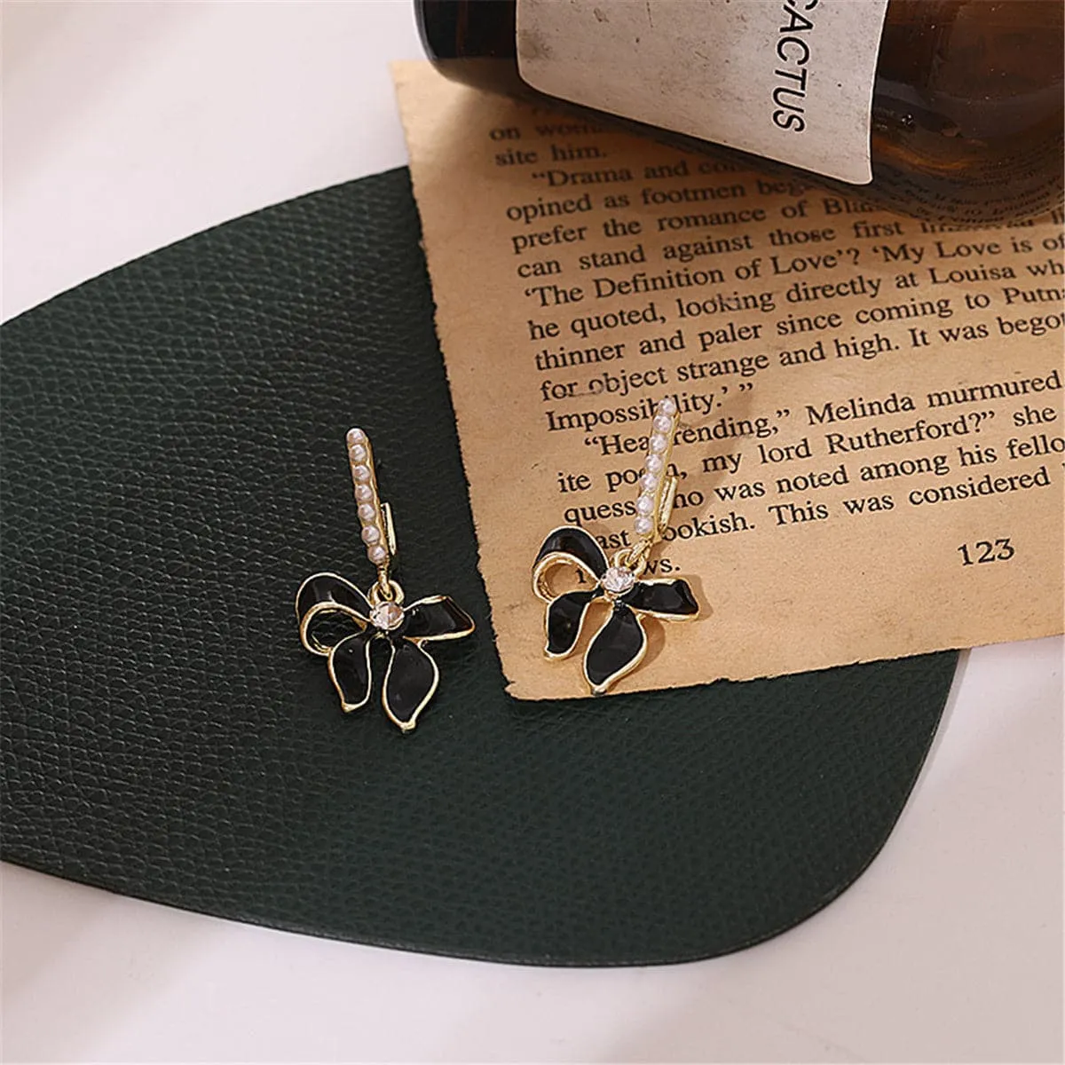 Black Enamel & Pearl Cubic Zirconia-Accent 18K Gold-Plated Bow Drop Earrings