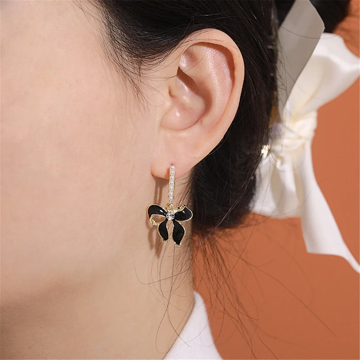 Black Enamel & Pearl Cubic Zirconia-Accent 18K Gold-Plated Bow Drop Earrings