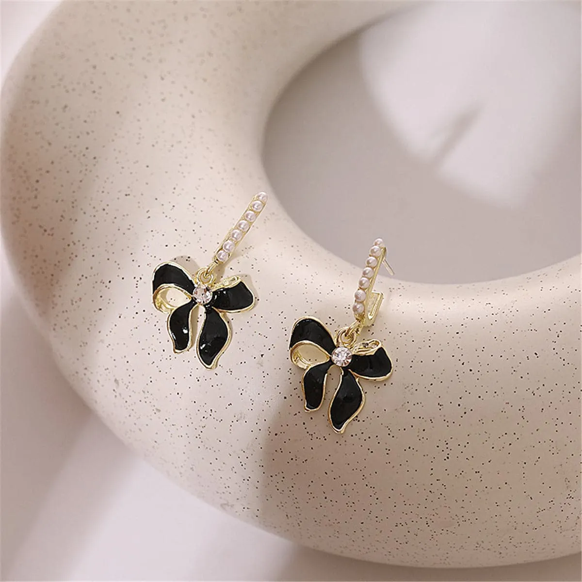 Black Enamel & Pearl Cubic Zirconia-Accent 18K Gold-Plated Bow Drop Earrings