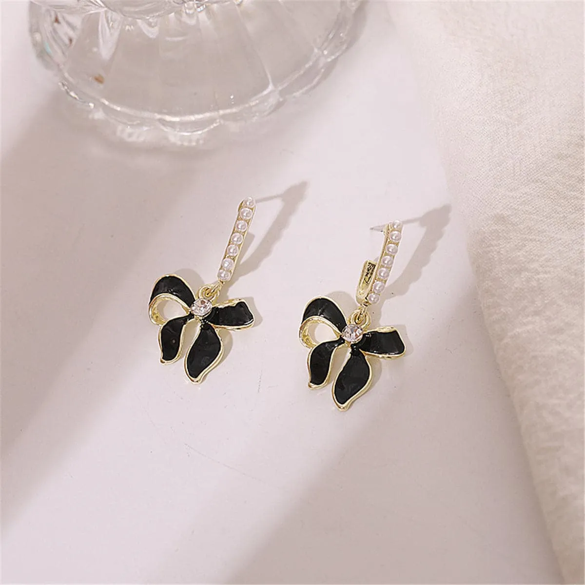 Black Enamel & Pearl Cubic Zirconia-Accent 18K Gold-Plated Bow Drop Earrings