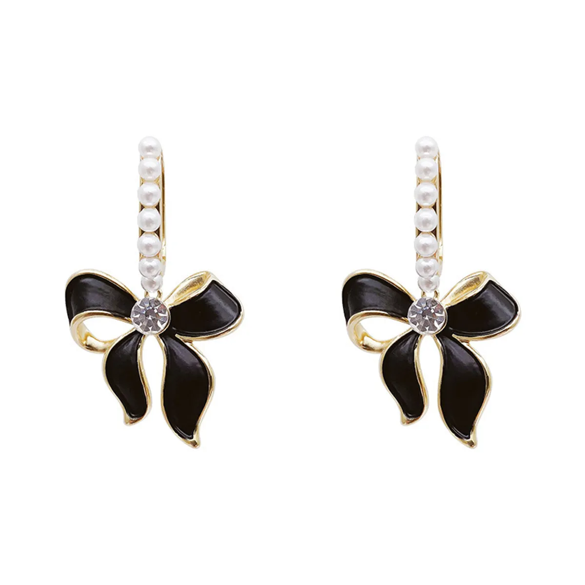 Black Enamel & Pearl Cubic Zirconia-Accent 18K Gold-Plated Bow Drop Earrings