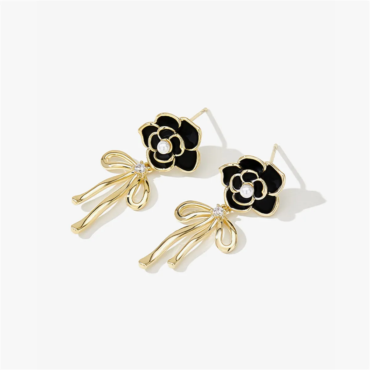 Black Enamel & Pearl Cubic Zirconia-Accent Camellia Bow Drop Earrings