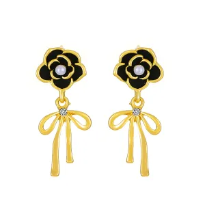Black Enamel & Pearl Cubic Zirconia-Accent Camellia Bow Drop Earrings