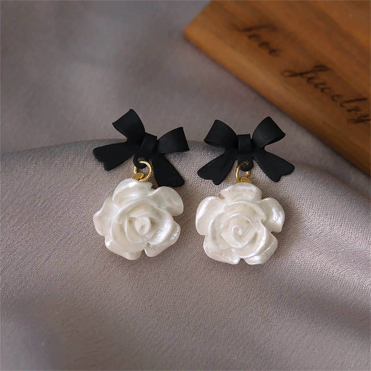Black Enamel & Resin 18K Gold-Plated Bow Flower Drop Earrings