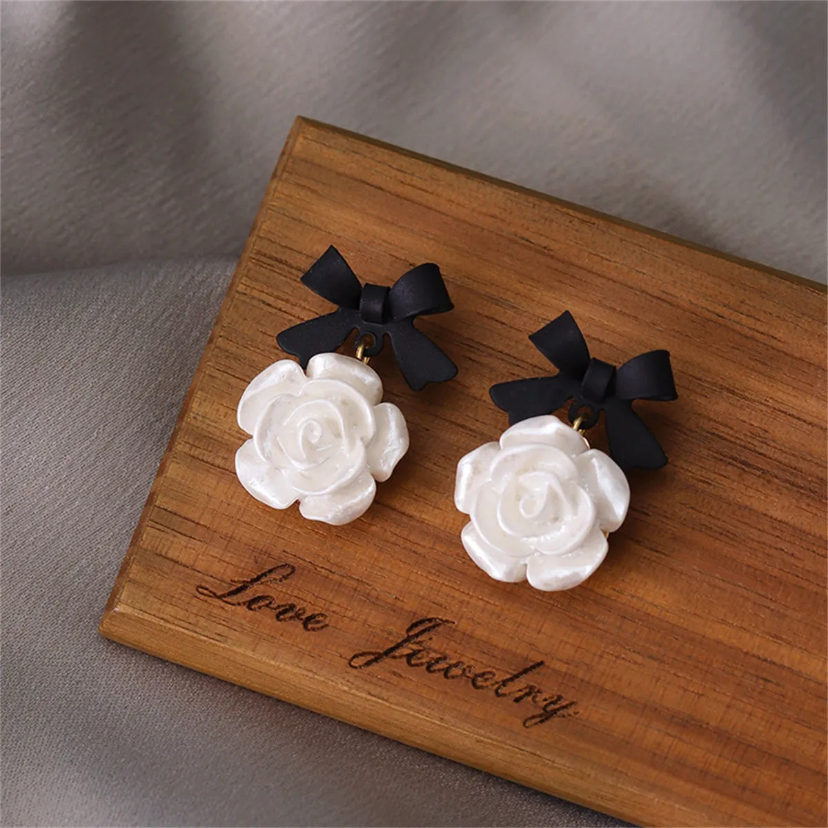 Black Enamel & Resin 18K Gold-Plated Bow Flower Drop Earrings
