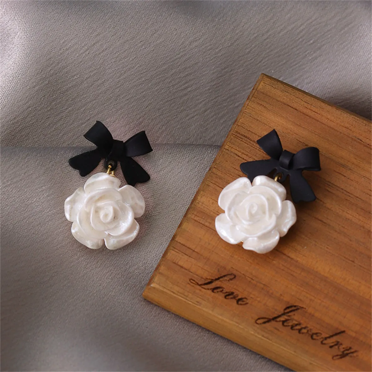 Black Enamel & Resin 18K Gold-Plated Bow Flower Drop Earrings
