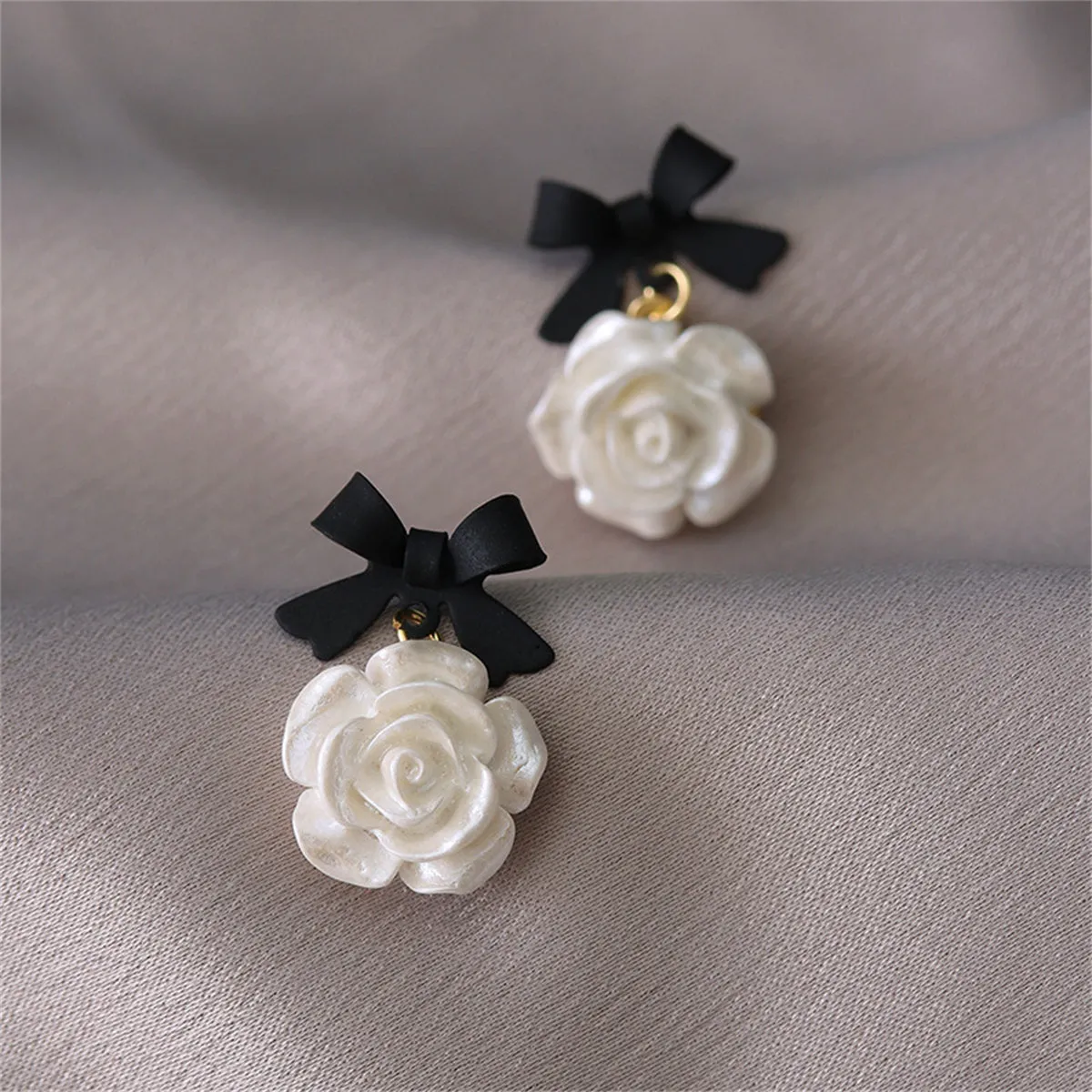 Black Enamel & Resin 18K Gold-Plated Bow Flower Drop Earrings
