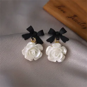 Black Enamel & Resin 18K Gold-Plated Bow Flower Drop Earrings