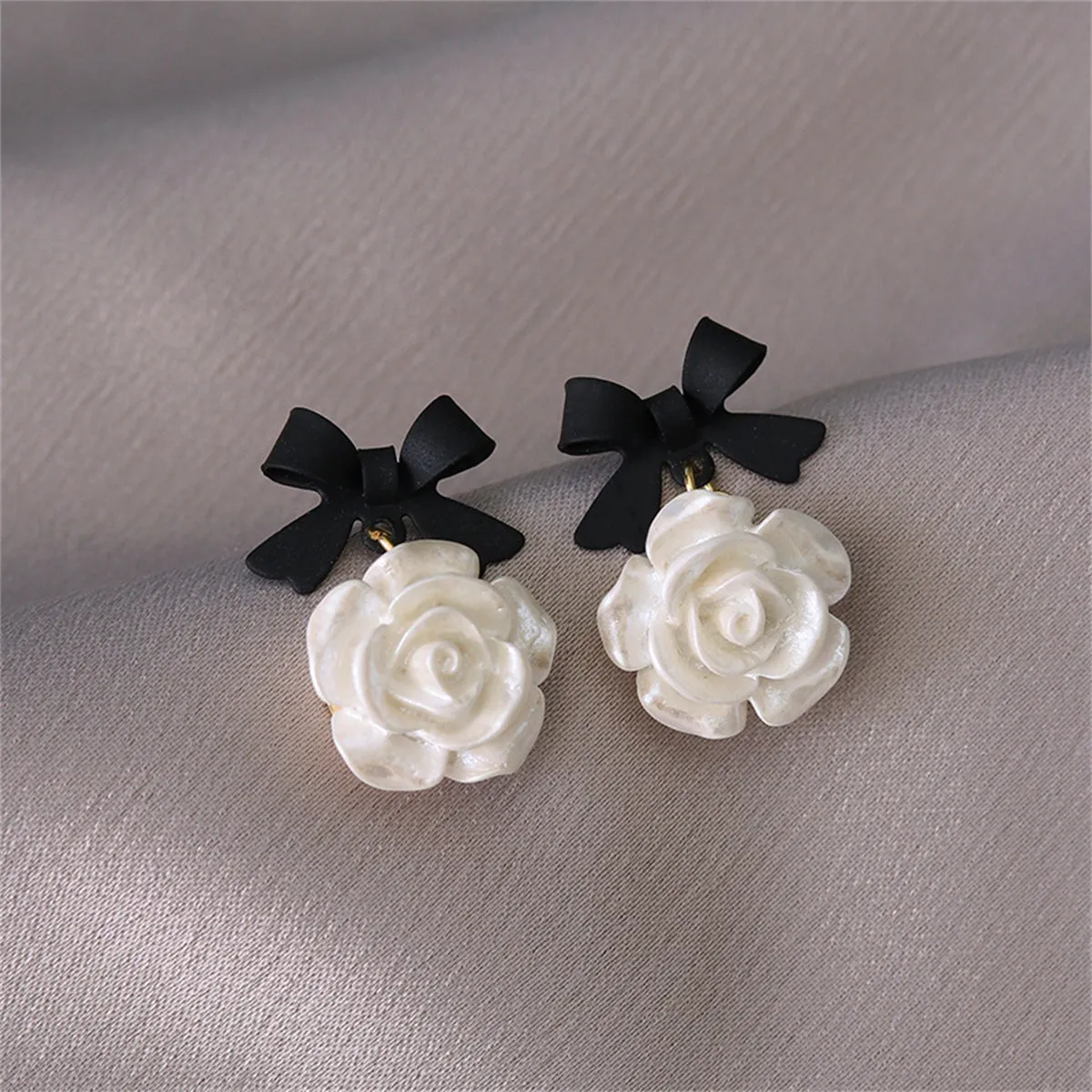 Black Enamel & Resin 18K Gold-Plated Bow Flower Drop Earrings
