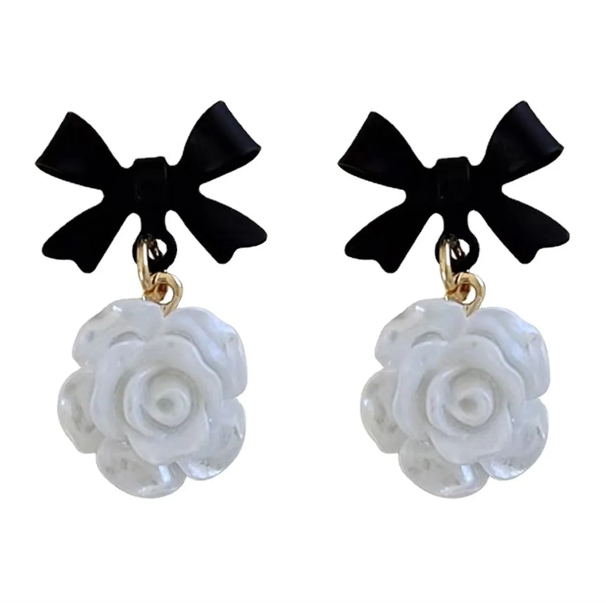 Black Enamel & Resin 18K Gold-Plated Bow Flower Drop Earrings