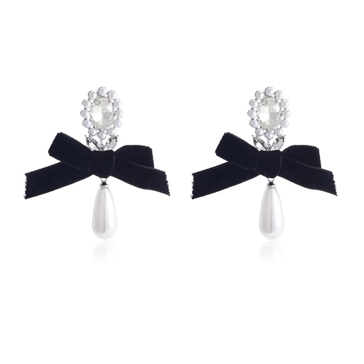 Black Flocking & Crystal Pearl Silver-Plated Bow Drop Earrings