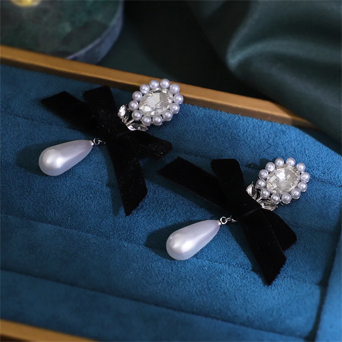 Black Flocking & Crystal Pearl Silver-Plated Bow Drop Earrings