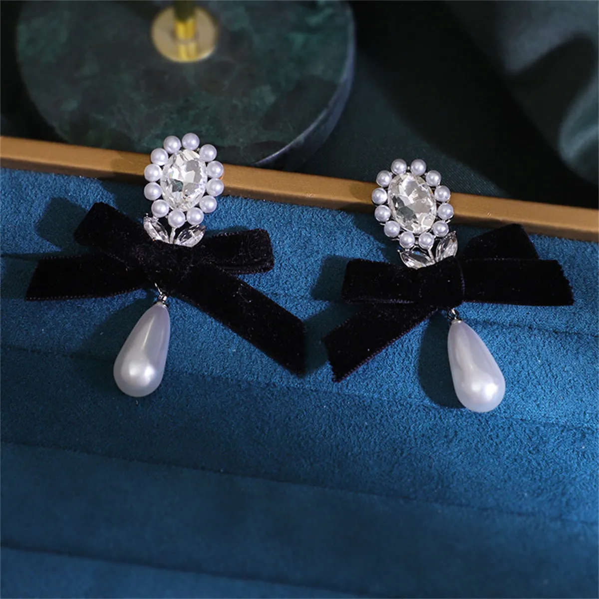 Black Flocking & Crystal Pearl Silver-Plated Bow Drop Earrings