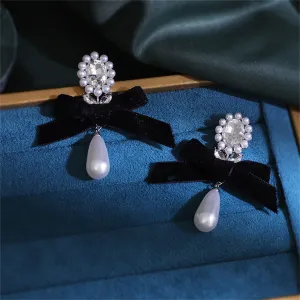 Black Flocking & Crystal Pearl Silver-Plated Bow Drop Earrings