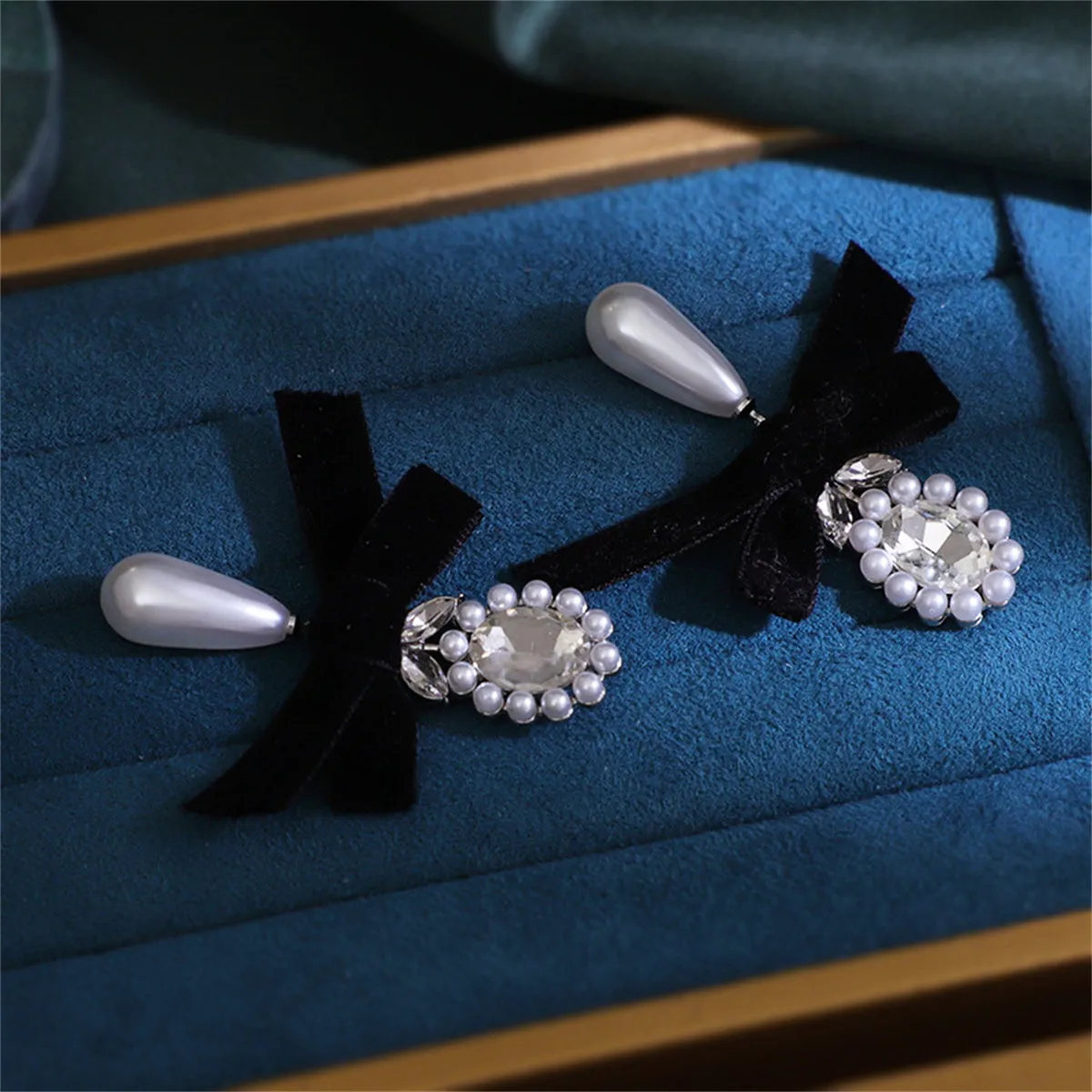 Black Flocking & Crystal Pearl Silver-Plated Bow Drop Earrings