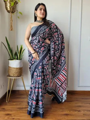 Black Hand Block Print MulMul Cotton Saree