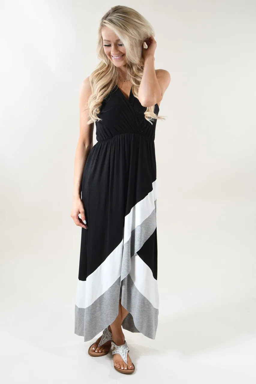 Black, Ivory & Grey Color Block Dress