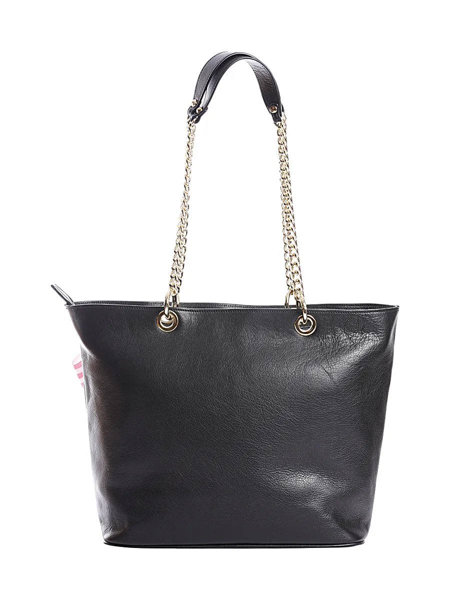 Black Leather Tote Bag with Chain Straps